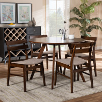 Baxton Studio Delvin/Hexa-Latte/Walnut-5PC Dining Set Eiko Mid-Century Modern Transitional Light Beige Fabric Upholstered and Walnut Brown Finished Wood 5-Piece Dining Set